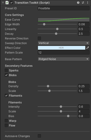 TransitionToolkit component in the Inspector